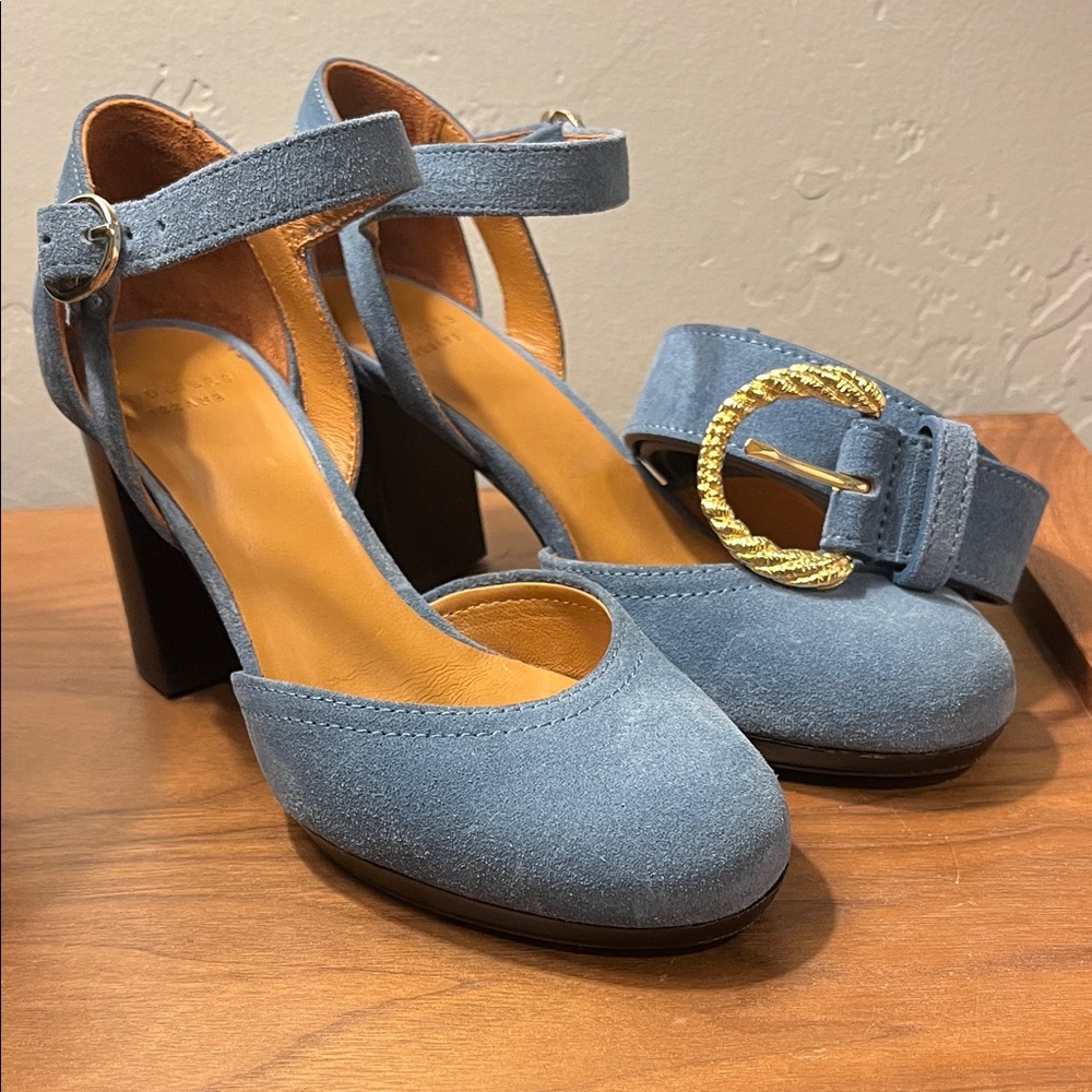 Blue Suede Women's Heels with Gold Buckle and Coordinating Belt.
